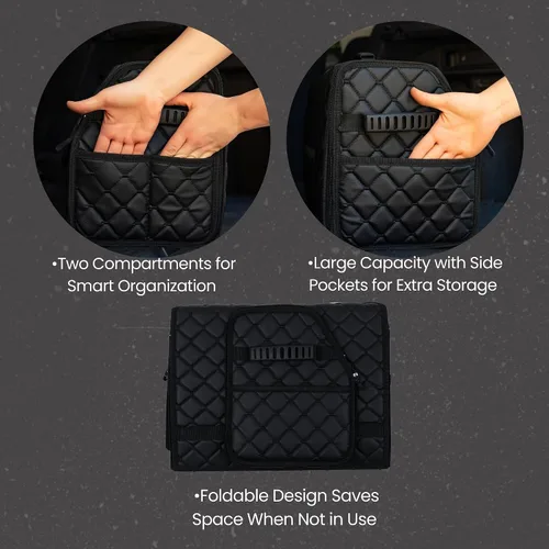 Vista 3 de Organizador de maletero de cuero con tapa para SUV y más, organizador de coche plegable, organizadores de coche y almacenamiento con bolsillos