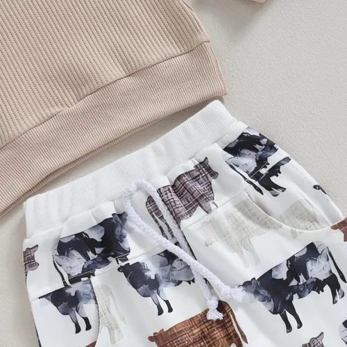 Vista 5 de Ropa occidental para bebé recién nacido, sudadera con estampado de vaca, sudadera y pantalones deportivos, conjunto de ropa para otoño e invierno