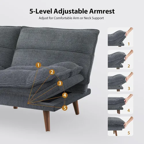 Vista 4 de Pipishell Sofá cama futón, futón convertible con respaldo ajustable y reposabrazos, sofá cama de pana para espacios pequeños, sala de estar, Gris