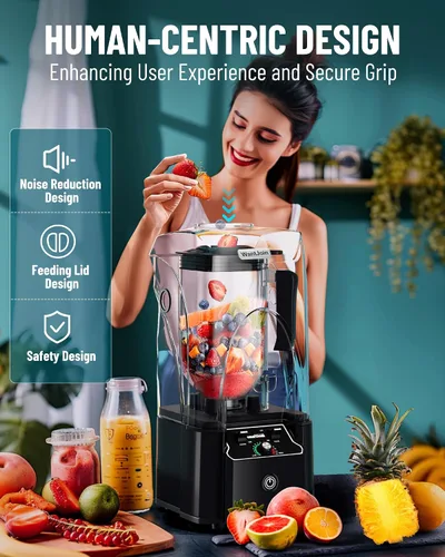 Vista 5 de WantJoin Licuadora comercial negra con sonido silencioso escudo y 1 taza de licuadora más