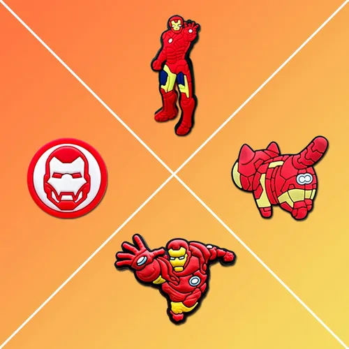 Vista 5 de 15 dijes de cocodrilo de Iron Man para decoración de zapatos de zueco, accesorios de superhéroes para niños y hombres, recuerdos de fiesta, Metal