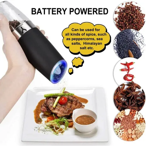Vista 3 de Juego de 2 molinillos eléctricos de gravedad, molinillo automático de pimienta y sal con luz LED azul, molinillo de pimienta eléctrico con grosor