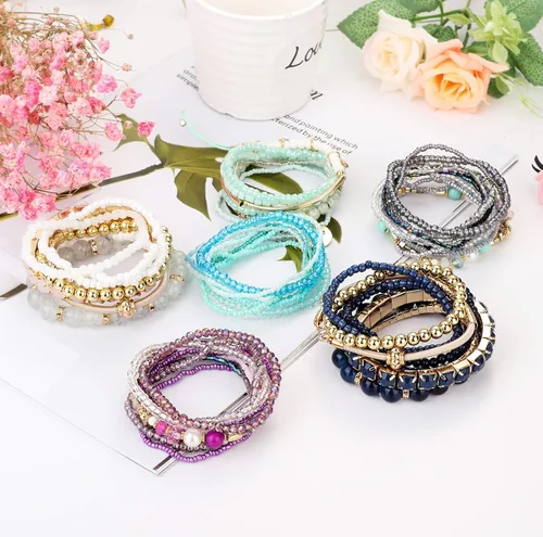 Vista 7 de LOYALLOOK Juego de 6 pulseras de cuentas apilables bohemias para mujer pulseras elásticas estilo bohemio elásticas de varias capas