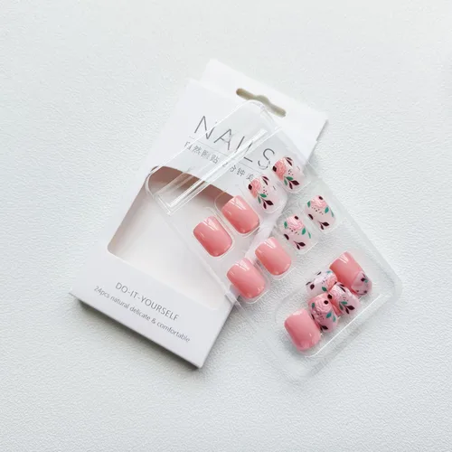Vista 4 de Uñas postizas a presión de otoño, uñas postizas cuadradas cortas de cobertura completa con diseño de flores rosas, lindas uñas acrílicas brillantes