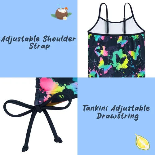 Vista 3 de swimsobo Traje de baño de 3 piezas con falda para niñas de 6 a 12 años, tankini ajustable