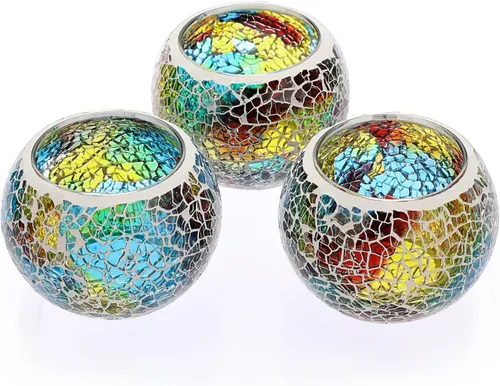 Vista 9 de OwnMy Juego de 3 portavelas de té de vidrio de mosaico azul, cuenco redondo, portavelas votivas, candelabros de mosaico de vidrio, candelitas