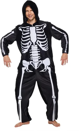 Vista 3 de ReneeCho Pijama de esqueleto con capucha para adultos, hombres y mujeres, disfraz de Halloween, overol de una pieza, color negro, Negro