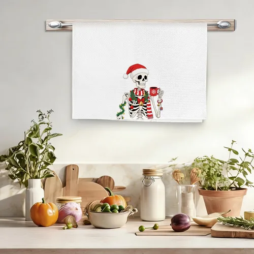Vista 3 de Divertidas toallas de cocina de esqueleto navideño, toallas de mano góticas de Navidad para decoración de baño, rústico, retro, espeluznante