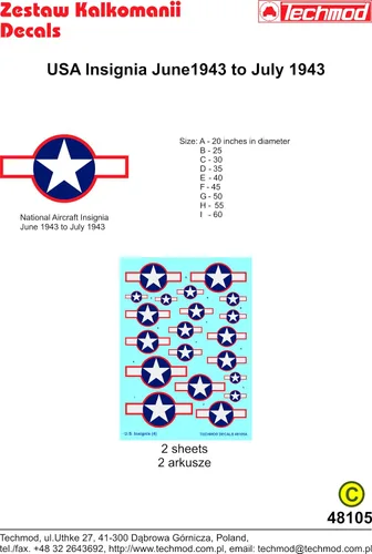 Vista 2 de Techmod 48105 1/48 Insignia Nacional de los Estados Unidos de junio de 1943 a julio de 1943 Wet Decal WWII