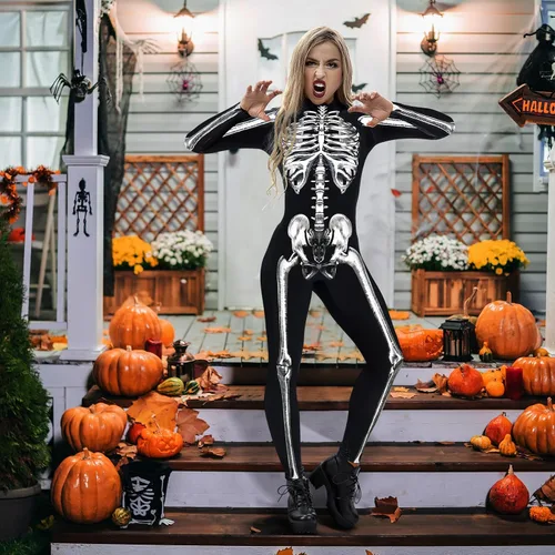 Vista 2 de Disfraz de esqueleto de Halloween para mujer, traje de cosplay con estampado 3D de calavera de hueso, traje ajustado
