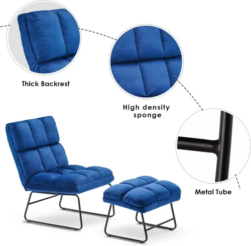 Vista 9 de MCombo Silla decorativa de terciopelo con otomana, acogedora silla de rincón de lectura para espacios pequeños, moderna silla sin brazos para Azul