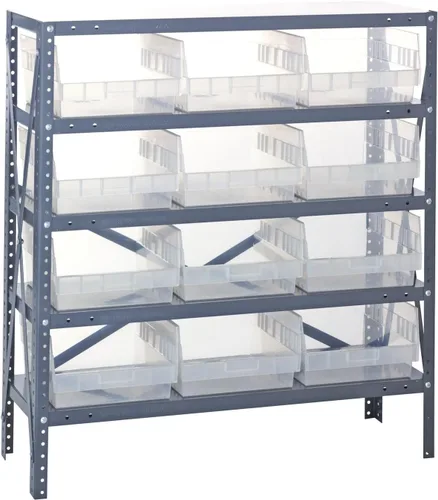 Vista 180 de Quantum QSBU-245BK Heavy Duty Shelving Unit with (7) Shelves and (24) QUS245 Black Bins for Garage Warehouse Storage Distribution 400 lb Load