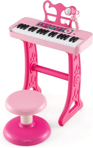 Vista 10 de Costzon Piano para niños, teclado de piano de juguete de 37 teclas con micrófono, taburete y soporte de música, piano electrónico portátil, juguete