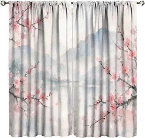 Vista 15 de Cortinas de cerezo, paisaje japonés, árbol de cerezo natural, primavera, dormitorio, sala de estar, ventana, 2 juegos de paneles, 42 x 45 pulgadas