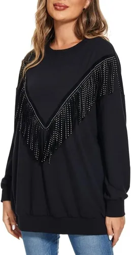 Vista 3 de PESION Sudadera de gran tamaño para mujer, cuello redondo, manga larga, ribete de flecos, suéter