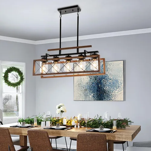 Vista 2 de MELLCOM Iluminación de madera para isla de cocina, lámpara de comedor de granja de 5 luces con pantallas de vidrio y varillas ajustables, candelabro