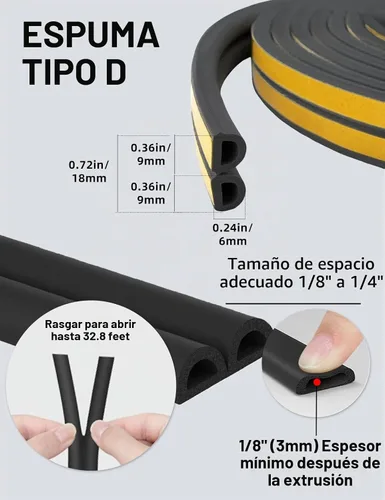Vista 3 de Burlete de sellado de puerta de 32.8 pies, autoadhesivo, insonorizado en forma de D, para marco de puerta, ventana, negro, 3/8 pulgadas de ancho x
