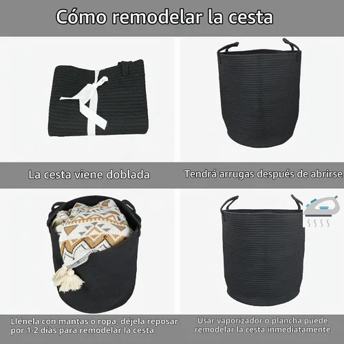 Vista 6 de XUANGUO Cesta de lavandería de cuerda de algodón negro para ropa grande
