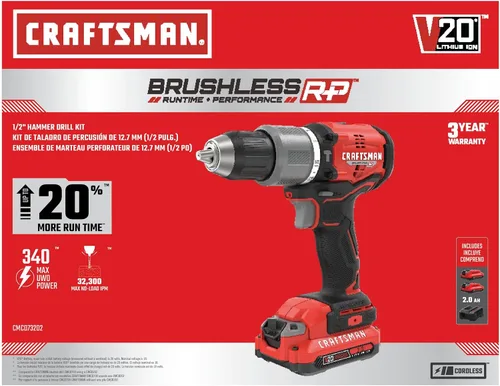 Vista 13 de CRAFTSMAN V20 Kit de taladro de martillo inalámbrico, 1/2 pulgada, 2 baterías y cargador incluidos (CMCD732D2)