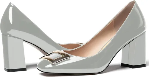 Vista 6 de WAYDERNS Zapatos de tacón alto con hebilla de metal dorada para mujer, con puntera cuadrada, de 3 pulgadas, Oro