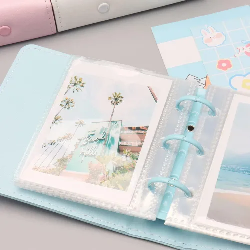 Vista 2 de Mini álbum de fotos, soporte para tarjetas de fotos azules, tarjetas fotográficas Kpop de piel sintética de 3 anillos, álbum de películas de fotos