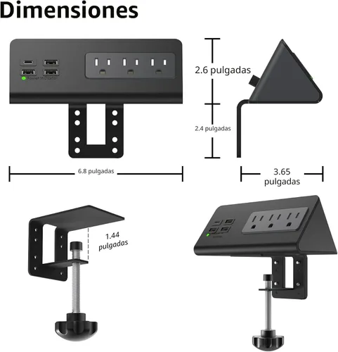 Vista 6 de Regleta de alimentación de montaje en borde para mesita de noche con puertos USB-C, protector de sobretensiones de mesa, abrazaderas de escritorio