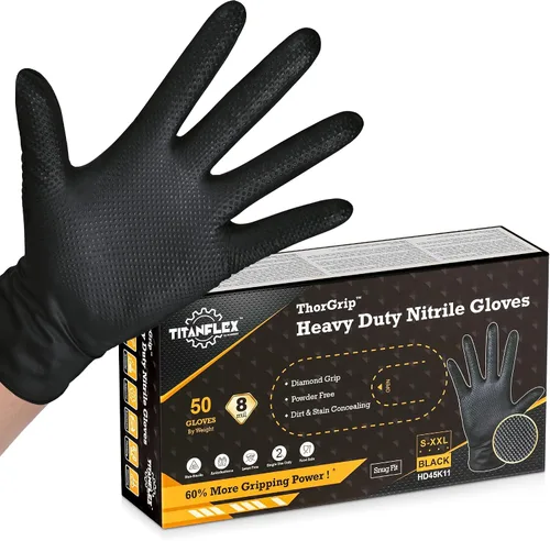 Vista 12 de TitanFlex Heavy Duty Black Industrial Nitrile Gloves with Raised Diamond Texture, Latex Free 8mil