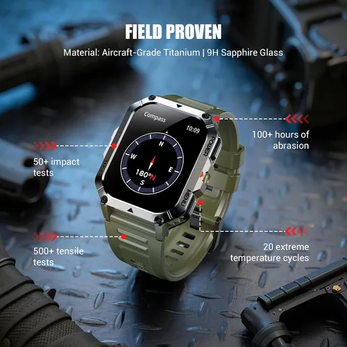 Vista 4 de Relojes inteligentes militares para hombres, reloj inteligente para Android iPhone con gran pantalla HD de 2.01 pulgadas, linterna, batería de 100