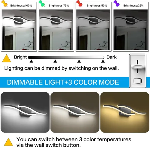 Vista 5 de PRESDE Lámpara LED de Tocador de Baño de 24", Moderna Luminaria de Barra de Pared Negra Sobre Espejo Regulable 3CCT