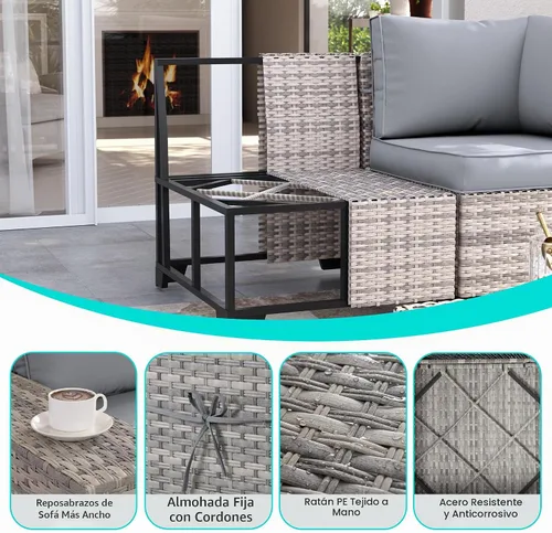 Vista 4 de Muebles de patio al aire libre conjunto PE mimbre ratán al aire libre sofá seccional Gris