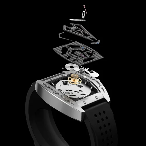 Vista 2 de Relojes automáticos para hombre Tonneau Skeleton Square Cara grande Reloj de pulsera casual impermeable con banda de silicona, caja de acero