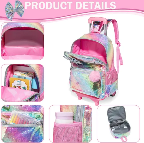Vista 5 de 16inch Rolling Backpack for Girls Backpacks with Wheels Kids Wheeled School Bag Sequin Suitcase Trolley Trip Luggage for Elementary Kindergarten