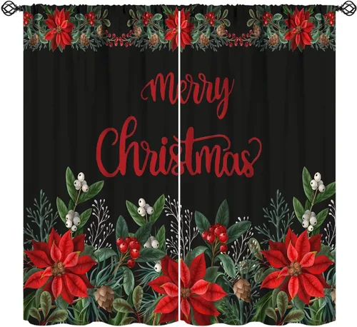 Vista 29 de Cortinas de Navidad de gnomo, bolas de árbol de Navidad, luces, regalos, decoración de tablones para sala de estar, dormitorio, bolsillo para barra