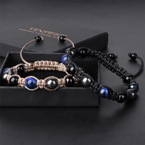 Vista 5 de Pulsera de triple protección, pulsera de cuentas de obsidiana negra y hematita genuina con ojo de tigre para hombres y mujeres, pulseras curativas