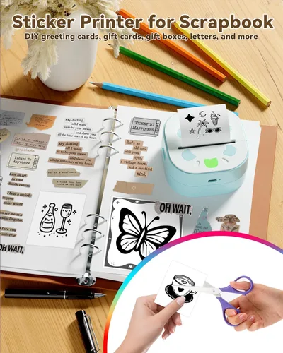 Vista 2 de Impresora de calcomanías NDYIN, mini impresora PrintPods, fabricante de calcomanías portátil Bluetooth con 3 rollos de papel, impresora térmica sin