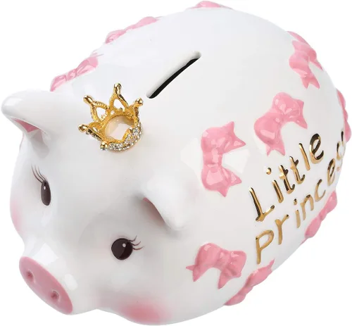 Vista 9 de Alcancía de cerámica, banco de monedas, caja de dinero de princesa corona para niña (rosa, 8.3 pulgadas de largo)