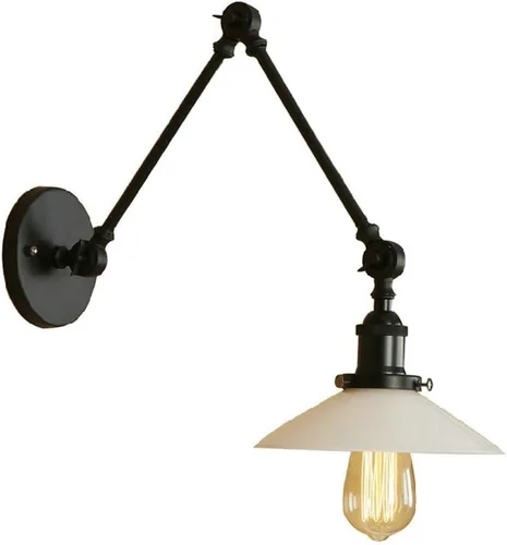 Vista 12 de Iluminación estilo loft con forma de platillo, aplique de pared ajustable, pantalla de vidrio blanco lechoso, brazo oscilante, lámpara de pared Latón