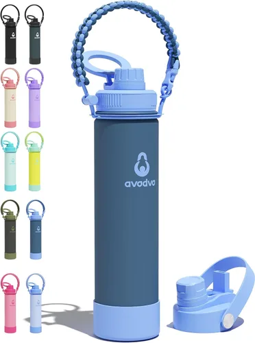 Vista 20 de Botella de agua aislada de 12 onzas con 2 tapas (tapa de popote y boquilla 2 en 1, tapa magnética), botella de agua para niños con correa, botella
