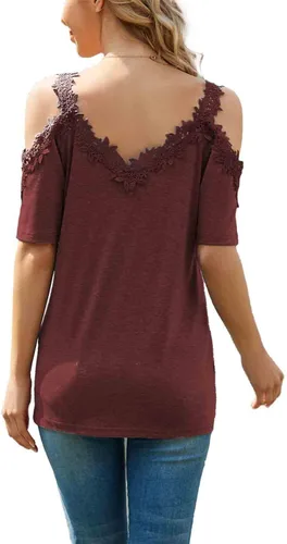 Vista 4 de KKG Camisetas sexys con hombros descubiertos para mujer, estilo casual, con hombros descubiertos, manga corta, hombros abiertos