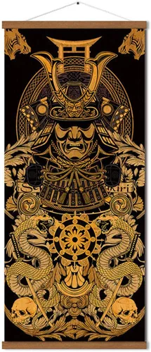 Vista 9 de Warrior's Dreams - Póster impreso en lienzo para pared, con casco blindado, espíritu samurái con pergamino de madera, listo para colgar, decoración
