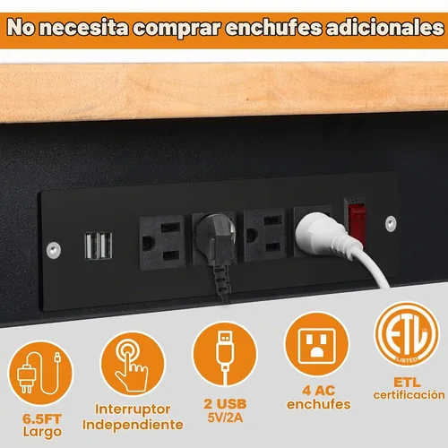 Vista 3 de Betterhood Banco de trabajo de altura ajustable, estación de trabajo resistente con parte superior de madera de goma de 48 pulgadas con tomas