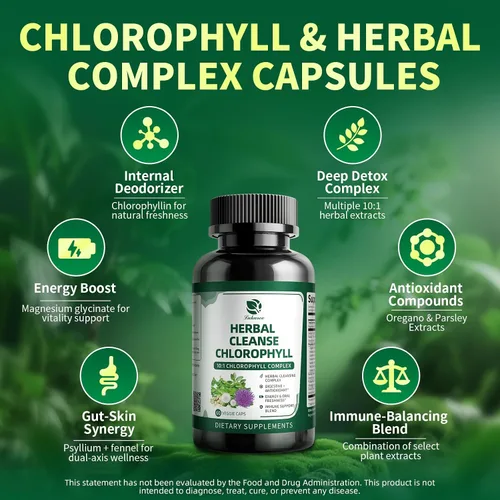 Vista 2 de Lukaree Cápsulas de Complejo Herbal de Clorofila, 60 Cápsulas Veganas de Clorofila para Desintoxicación, Digestión, Salud Intestinal y de la Piel