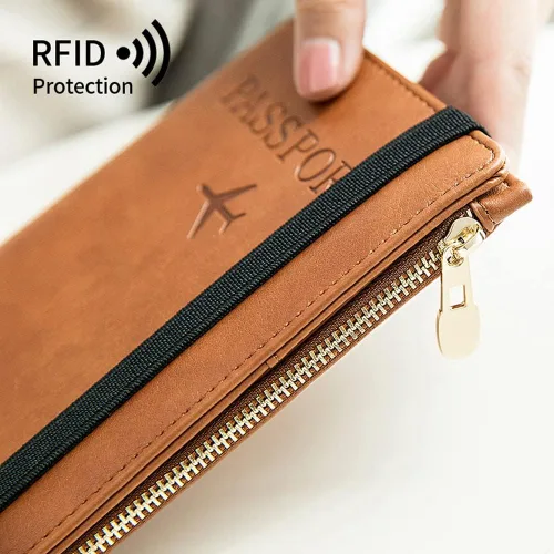 Vista 3 de Assport - Cartera para pasaporte, funda para pasaporte, cartera de viaje de cuero impermeable con bloqueo RFID con correa elástica y ranura