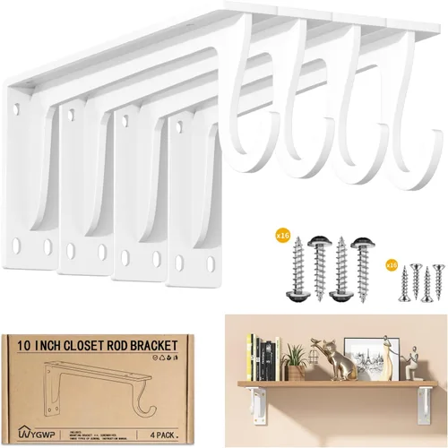 Vista 14 de Soportes para barra de armario, soporte resistente de 400 libras, soportes de estante de armario con soporte para barra para armario, baño y cocina
