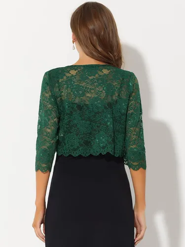 Vista 4 de Allegra K Cárdigan de encaje para mujer, frente abierto, con encaje, elegante, transparente, floral, recortado, bolero, tops de encaje