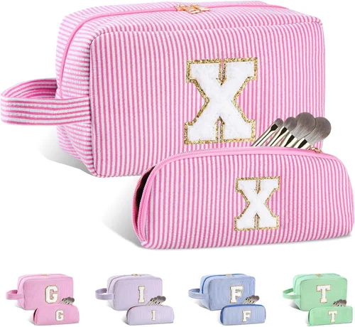 Vista 117 de Bolsa de maquillaje personalizada con inicial A-Z para mujeres, niñas y niños, bolsa de aseo de viaje, bolsa de maquillaje preparada, bolsa