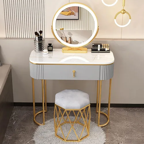 Vista 10 de Escritorio de tocador con espejo iluminado, mesa de tocador de lujo ligera con luces, 3 modos de iluminación de color, brillo ajustable, mesa