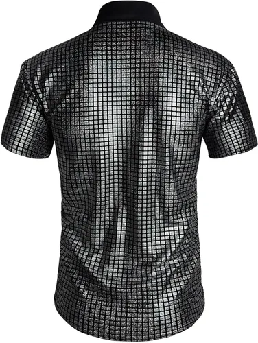 Vista 3 de Camisa de discoteca de los años 70 con lentejuelas de manga corta con botones, brillante disfraz de fiesta de graduación