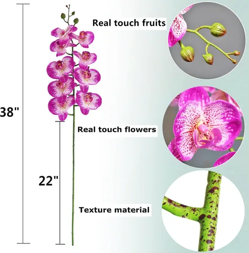 Vista 2 de Htmeing 2 tallos de orquídeas artificiales de tacto real, orquídeas falsas Phalaenopsis para centro de mesa, hogar, cocina, boda, fiesta, decoración