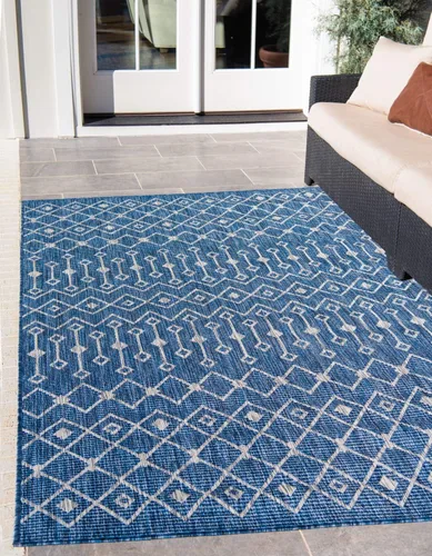 Vista 10 de Unique Loom Outdoor Trellis Collection - Alfombra de área con diseño de enrejado tribal (2 pies 2 pulgadas x 3 pies 1 pulgada, ovalada, azul/marfil)